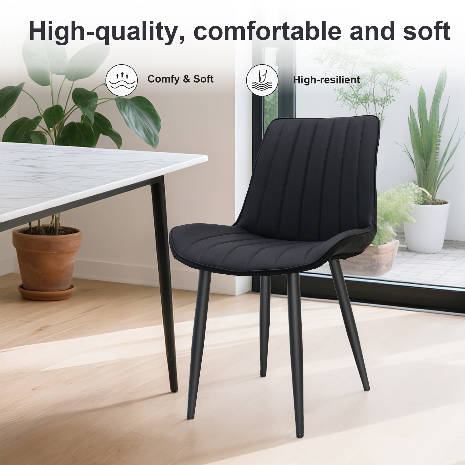 Black PU Leather Dining Chair With Metal Legs, Wave Pattern Upholstered Armless Chair Set Of 6 For Kitchen, Restaurant, Living, Meeting Room_maomaolike.com